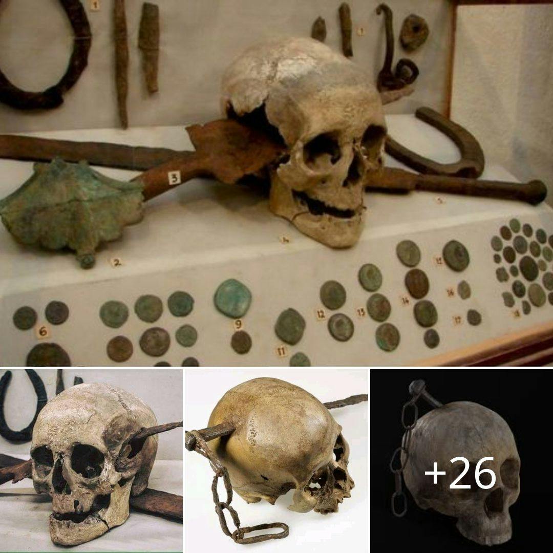 Cover Image for Los arqueólogos detienen las excavaciones en la parte superior del cráneo, que muestra repetidas puñaladas con espada en la cabeza.