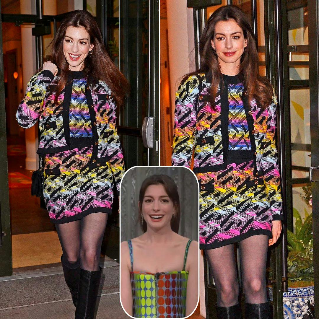Cover Image for Stylish: Anne Hathaway put on a leggy display in a rainbow mini co-ord and knee high leather stiletto boots  as she headed to the Today Show studios in New York City.